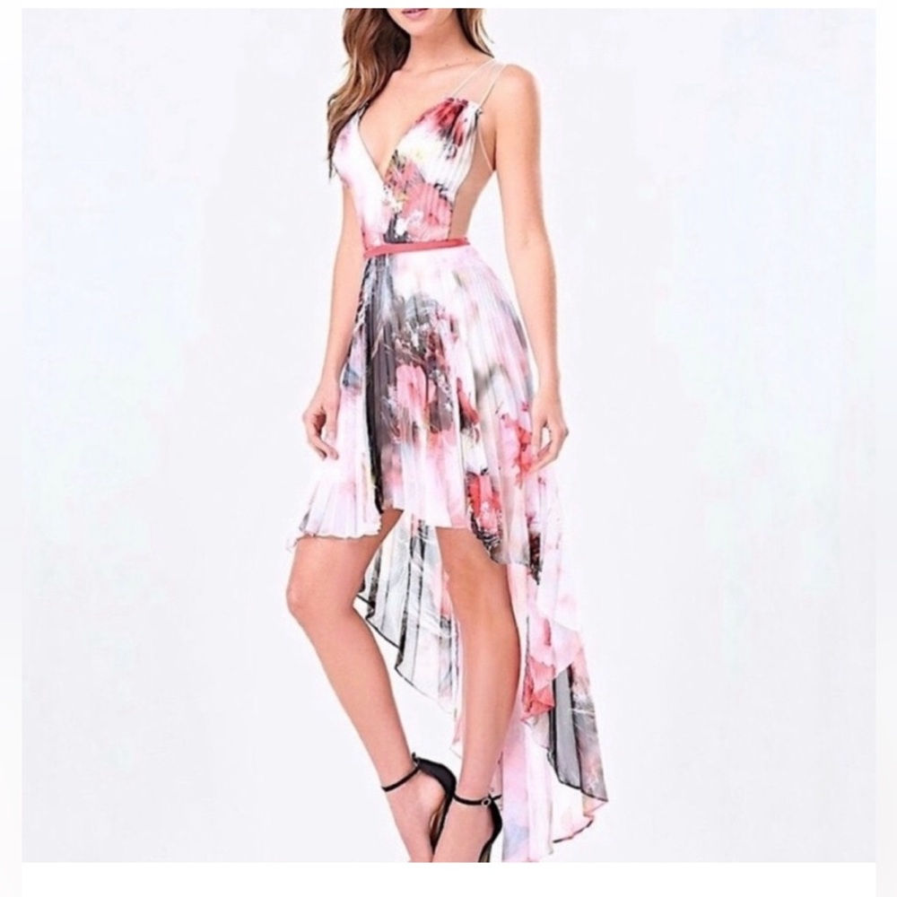 BEBE Floral Pleated chiffon high Low midi cocktail dress women size 4